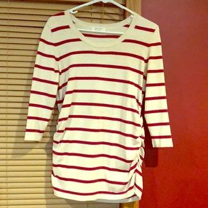 Cream maternity sweater with burgundy stripes